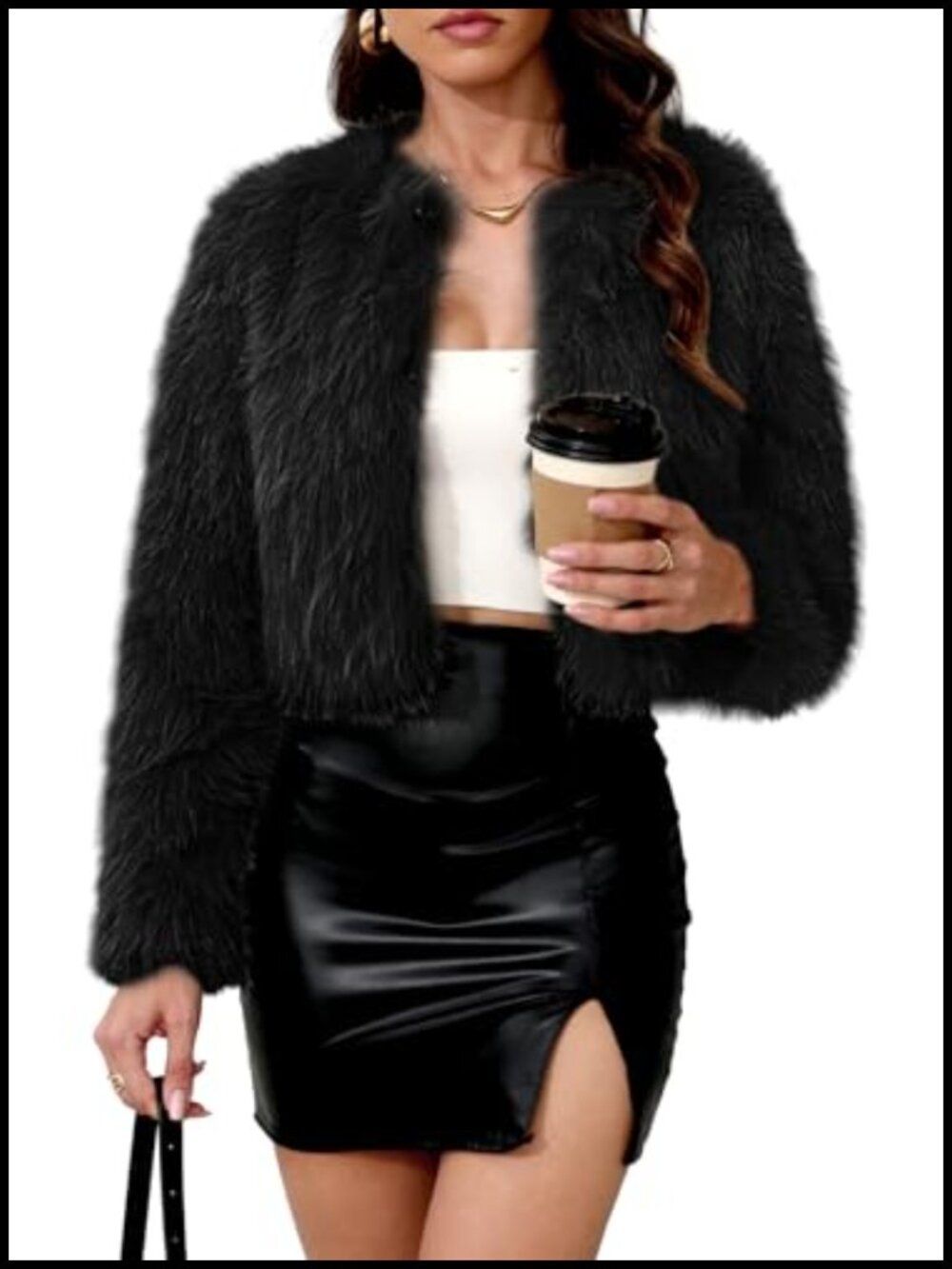 Cropped Faux Fur Coat Fluffy Long Sleeve Short Jacket Polyester
